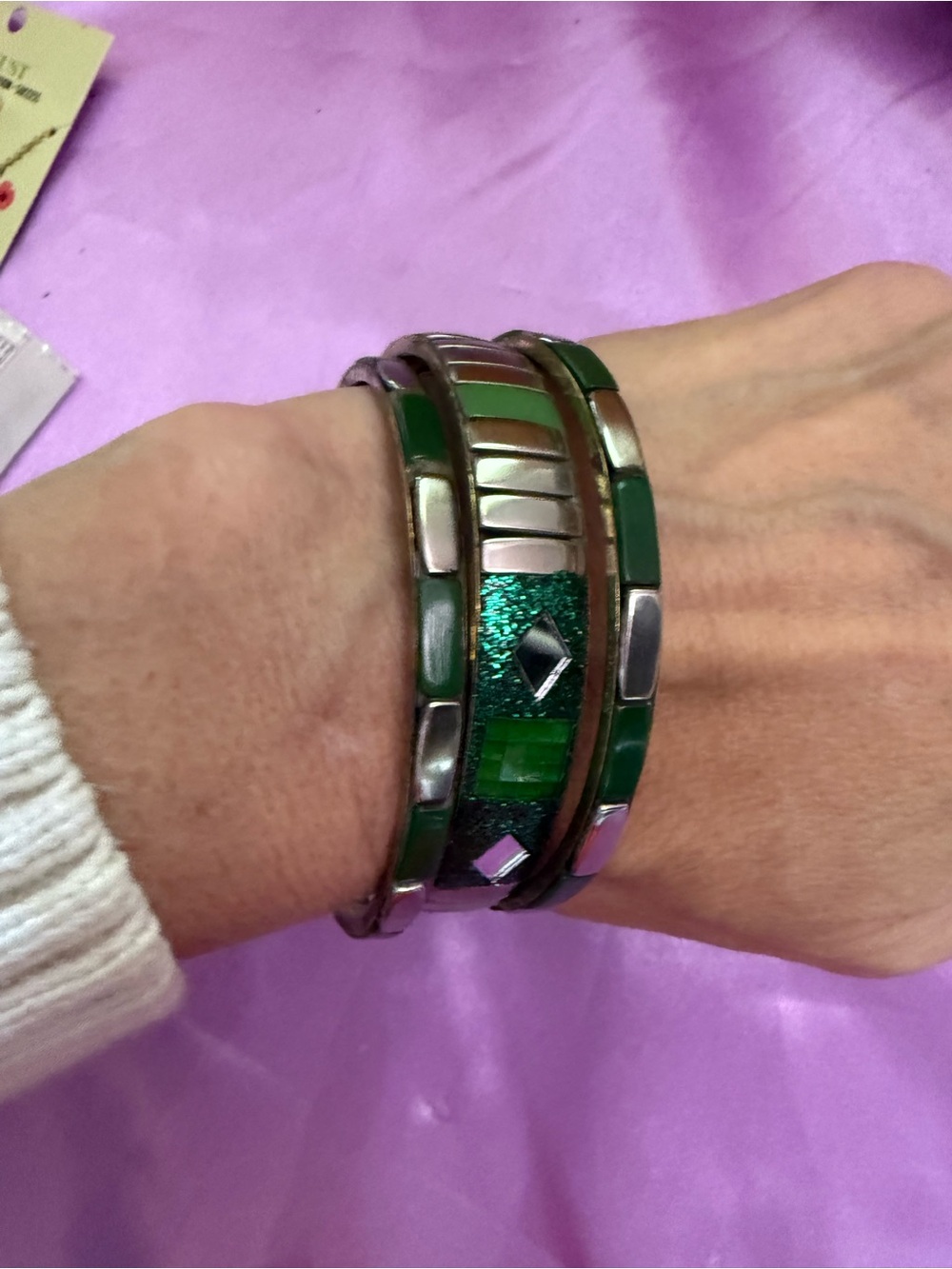 Vintage Green Mosaic Glass and Silver-Tone Bangle Bracelet Set